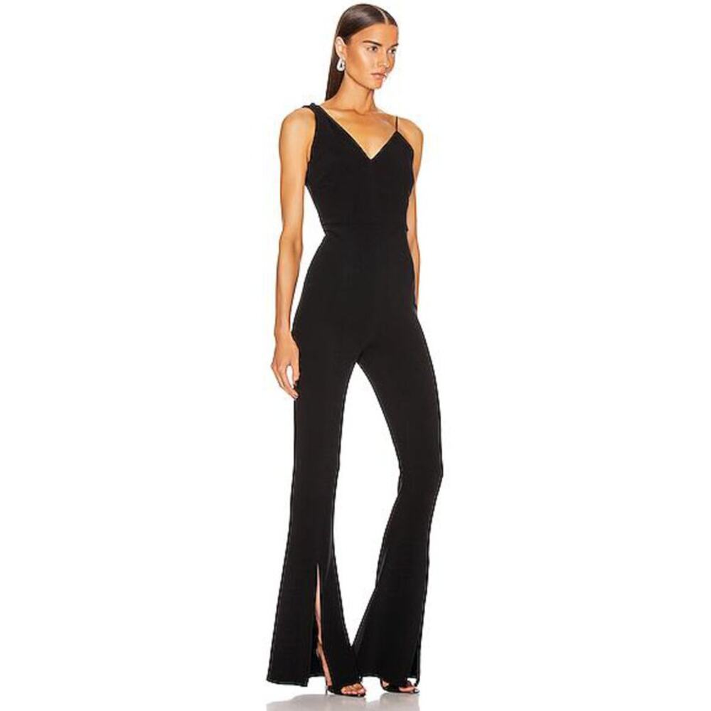 CUSHNIE $1695 Sleeveless Plunging Flare Leg Jumpsuit Black 2